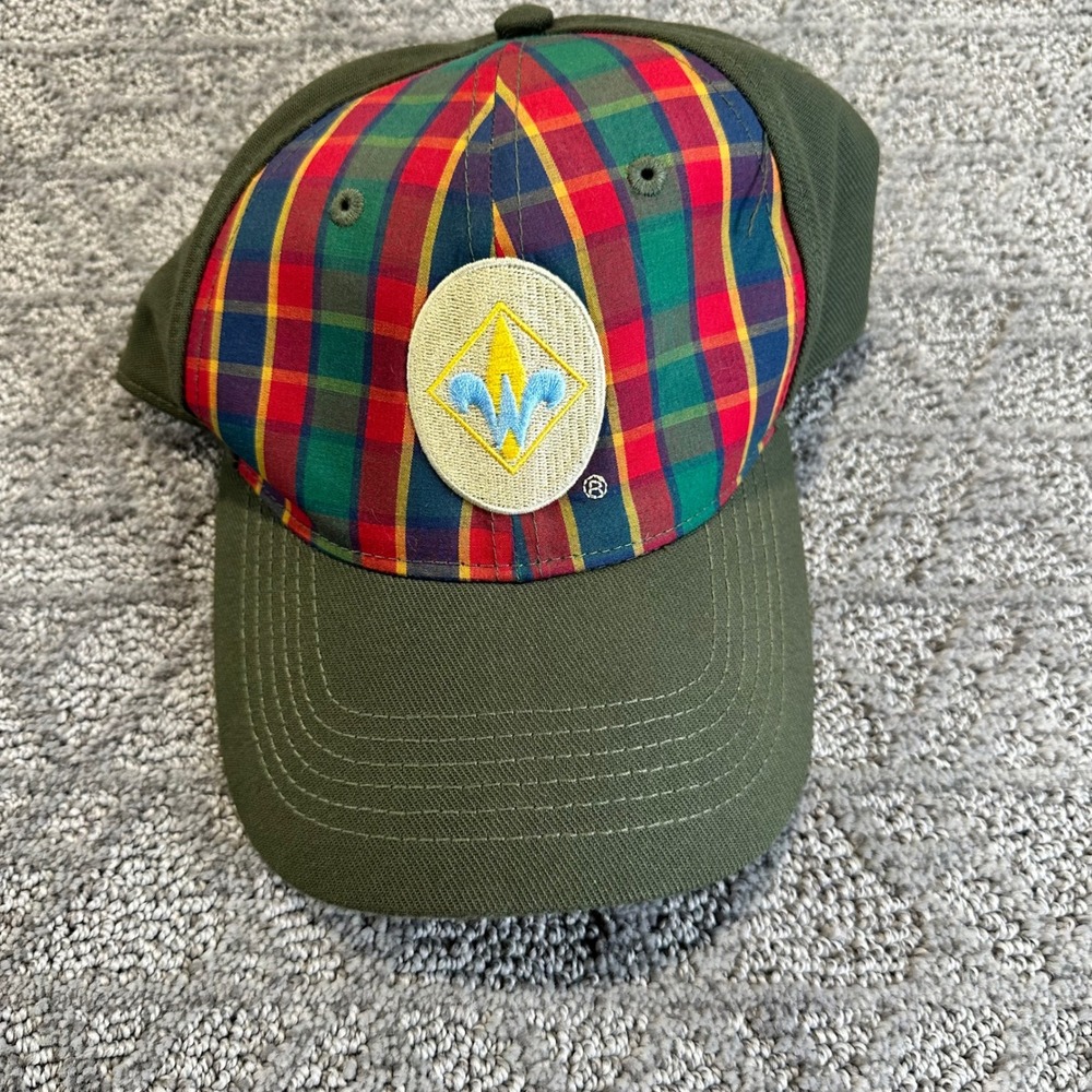 BSA Webelos cub scout Flex Baseball Cap Olive Green‎ Plaid Scout Patch M